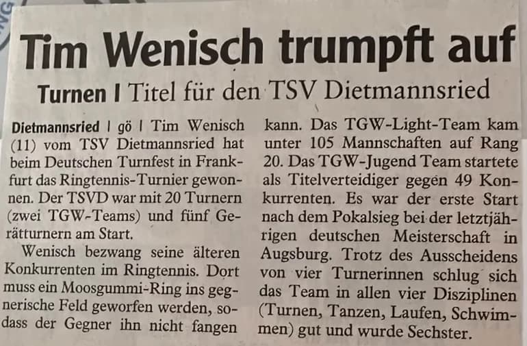 Newspaper clipping: “Tim Wenisch trumpft auf” – a title for TSV Dietmannsried
